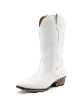 Dream Pairs Women's White Mid Calf Cowgirl Boots Square Toe Chunky Heel Shoes